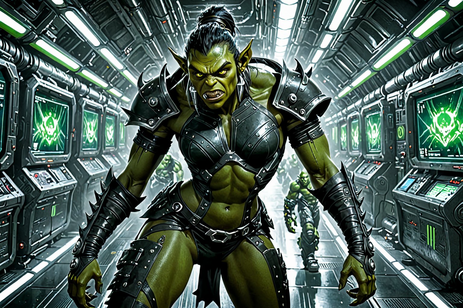  A futuristic spaceship's dimly lit corridor serves as the backdrop for an otherworldly beauty. An orc, sporting vibrant green skin and clad in a provocative leather ensemble, strikes a sultry pose amidst rows of humming computers. The eerie glow of console screens casts an ethereal ambiance, accentuating the orc's toned physique as they confidently lean against a metallic console, their piercing gaze beckoning viewers to enter this extraterrestrial realm.