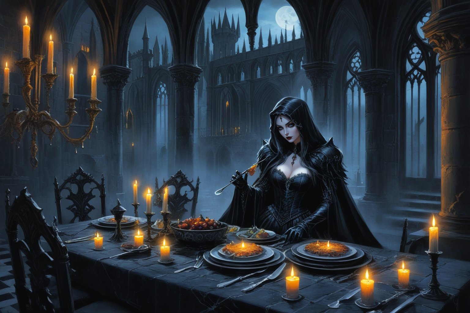 A hauntingly beautiful undead queen monster has diner with her monsters guests in a gothic castle. candles light. A midnig...