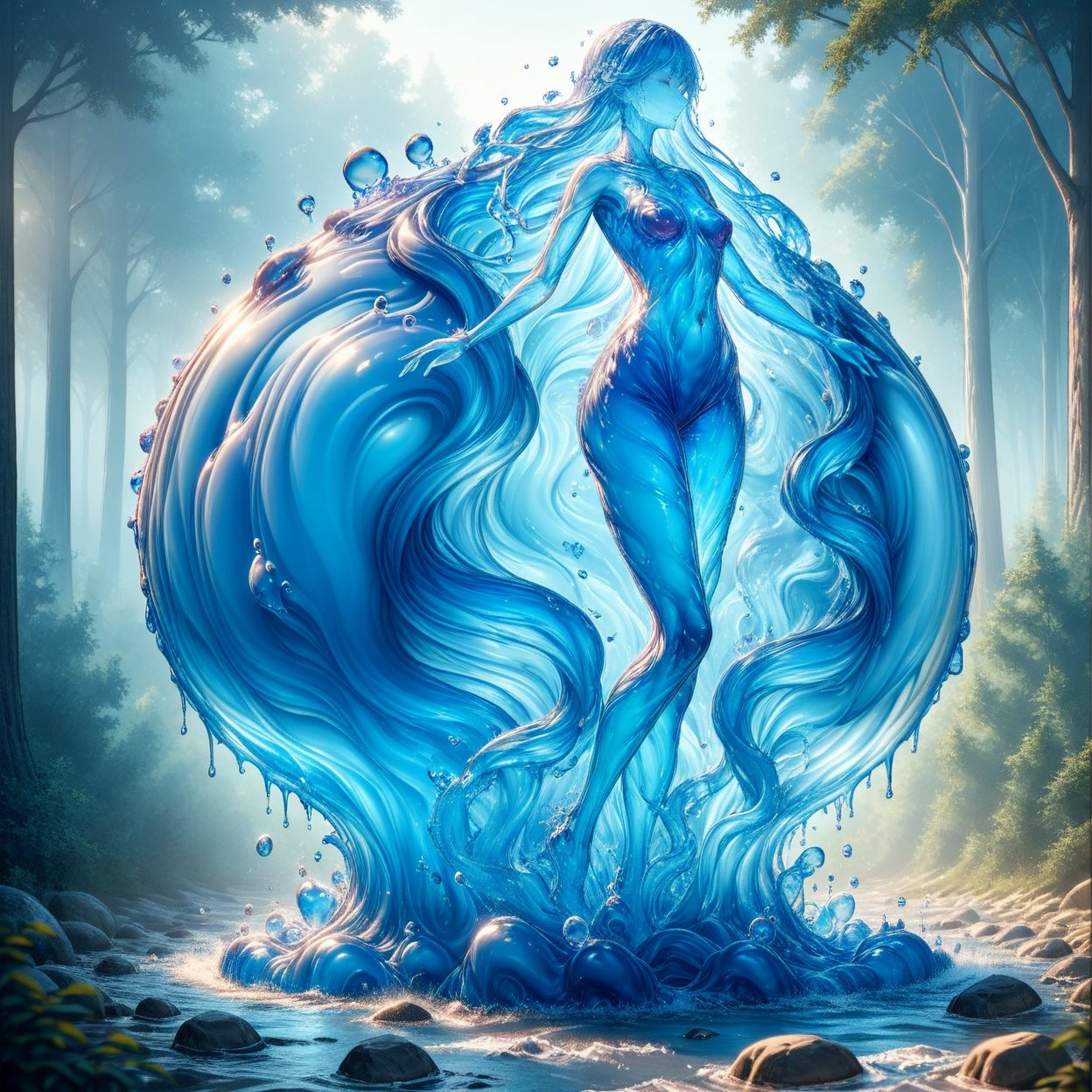 score_9, score_8_up, score_7_up, score_6_up, masterpiece, best quality, super detailed, curved, gelatin sculture looking like a beautiful woman with a body made of (((transparent blue gelatin)))).head gelatin. full gelatin body. the scene takes place in the forest.