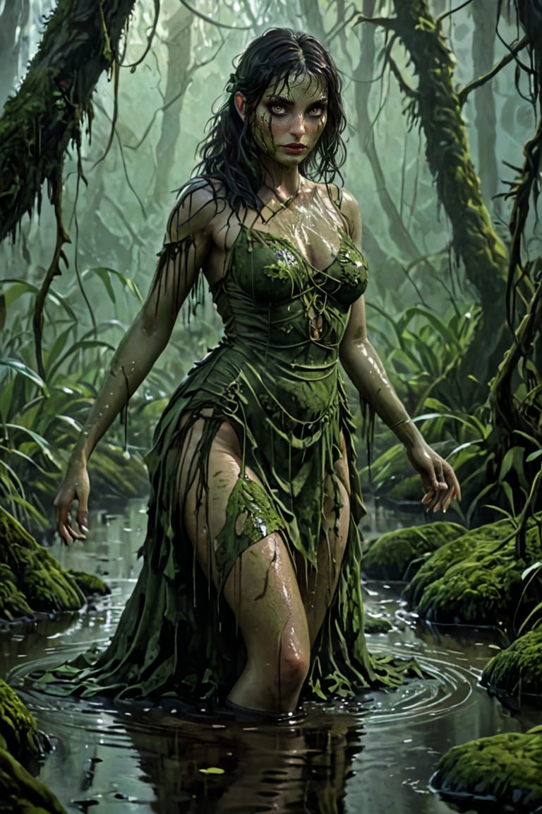 score_9, score_6_up, score_5_up,Very detailed, perfect image. masterpiece. A dark, misty swamp backdrop sets the ominous tone as the mysterious ,magnificent, curvy woman emerges, her dripping-wet form glistening in the dim light. The murky green waters part like a veil, revealing her sinister presence. She is dressed in a (((worn, sheer, torn, moss-covered tight dress))) that blends seamlessly with the surroundings, yet her malevolent aura shines through like a beacon. The camera frames her figure from a low angle, emphasizing her power and dominance over the primeval landscape. the scene takes place in a misty swamp.