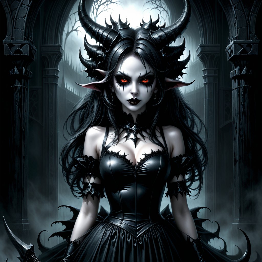 score_9, score_6_up, score_5_up,Very detailed, perfect image. Masterpiece of a sexy cury demon girl, beautiful face, horns, glowy eyes, claws, torn black dress, gothic style , undead, living in a dark dungeon. fog. mist. scary. scary atmosphere.