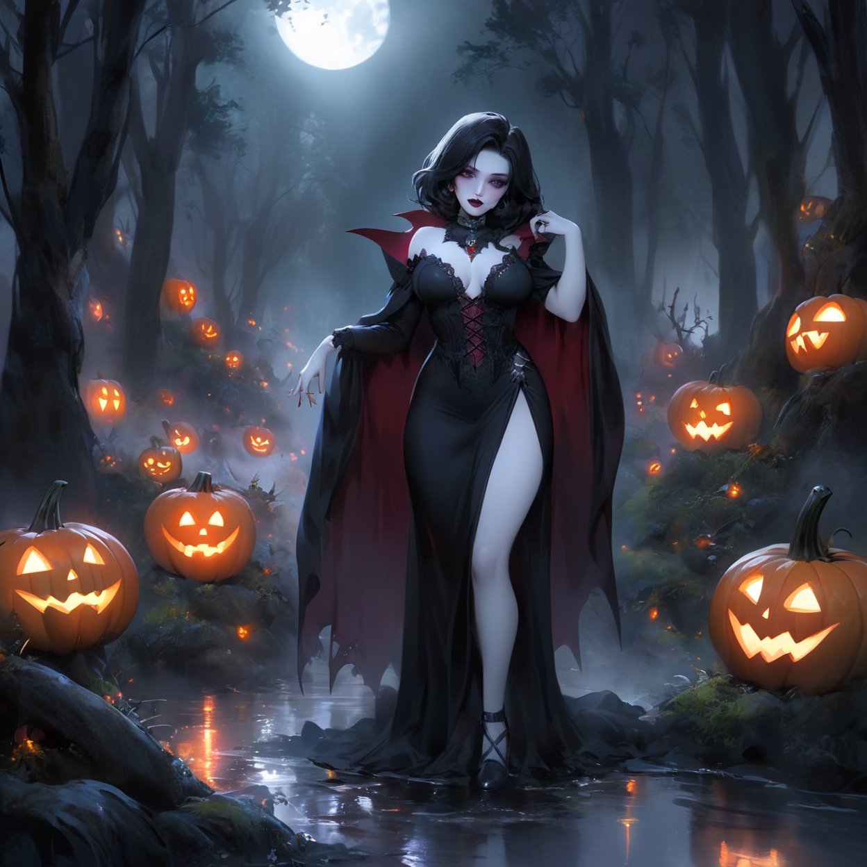 Masterpiece sexy, curvy, (((gothic pale white skin vampire))). (((black hair)))). (((((black lips))))).Under the full moon's silvery glow, an eerie forest emerges from thick mist. Sinister jack-o'-lanterns light the path, while ghostly figures silently move among gnarled trees. Bats dance in the starry sky, casting eerie shadows. In the shadows, a witch brews a malevolent potion. An oppressive atmosphere, cloaked in mist, chills any who dare enter this spectral woodland on a moonlit night. The overall atmosphere is very humid with scattered puddles of water.