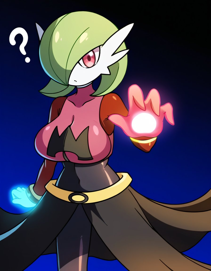 gardevoir, ?, bob cut, bodysuit, bodysuit under clothes, colored skin, cosplay, covered navel, cropped jacket, gen 3 pokemon, glowing, glowing hand, green hair, hair over one eye, looking at viewer, pantyhose, pink eyes, pokemon \(creature\), psychic, sabrina \(pokemon\) \(cosplay\), side slit, skirt, turtleneck, white skin