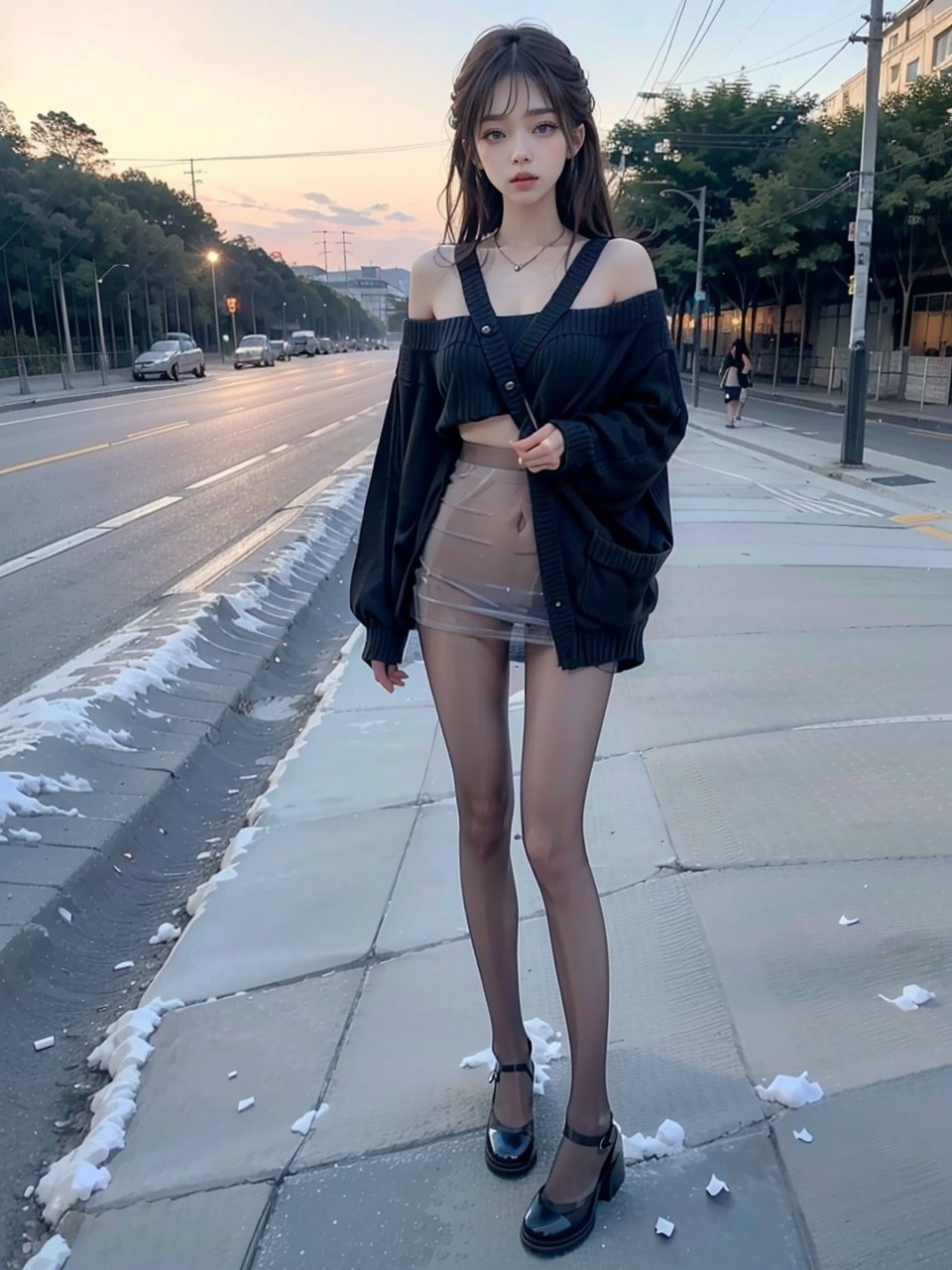 one girl, large breasts, no bra, beautiful long leggs, beautiful sexy supermodel, 18 years old, beautiful perfect face, body fit, ((sexy mini skirt)), correct_anatomy, nsfw, ((front full_body)), perfect backgrond,
On the Street, Full body,Realistic photos, wearing Victoria's Secret underwear, masterpiece, highest quality, Pull down collar,see-through nipples:0.8 , panties visible:0.8 ,  two hands lift sweater show pussy:0.8, bright gentle green eyes, necklace,(Off-the-shoulder knit short sweater:1.2),bracelet, bright snow-white skin, high detail skin,high ponytail, brown hair, delicate hairpin, delicate beautiful face, Tsundere expression,studio lighting,Girl,medium breasts,shy, 1girl,DSKBSP,jennie, (((transparent heels))), (((Full_body_shot))), (((pantyhose))), ,black pantyhose