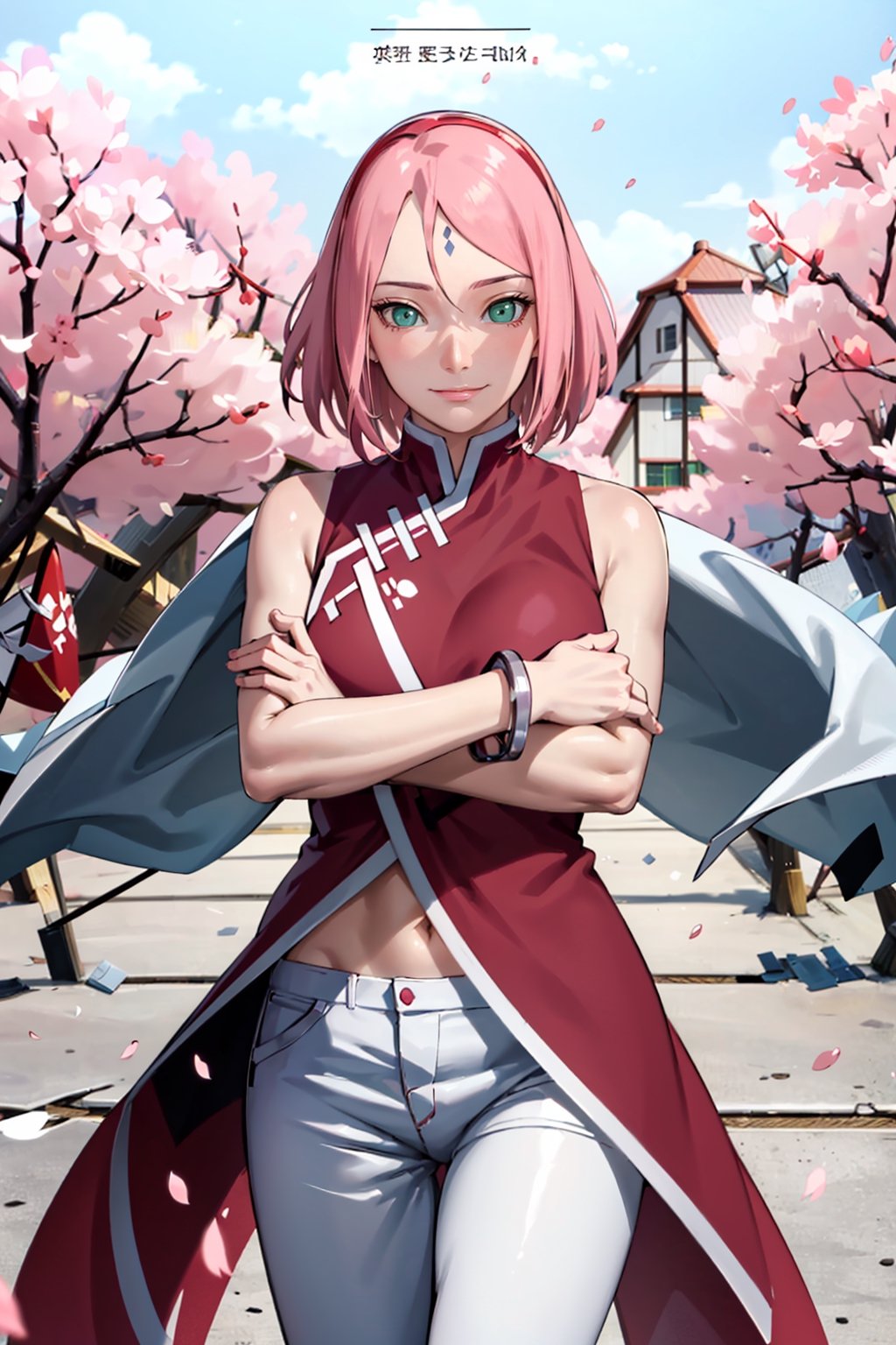 
masterpiece, absurdres ,1girl, haruno sakura,forehead mark, red hairband, red sleeveless dress, white pants,navel, groin, bracelet, looking at viewer, crossed arms, smile, cherry blossoms, wind, floating hair, 

,Marlok artstyle , beautiful girl , Masterpiece,haruno sakura