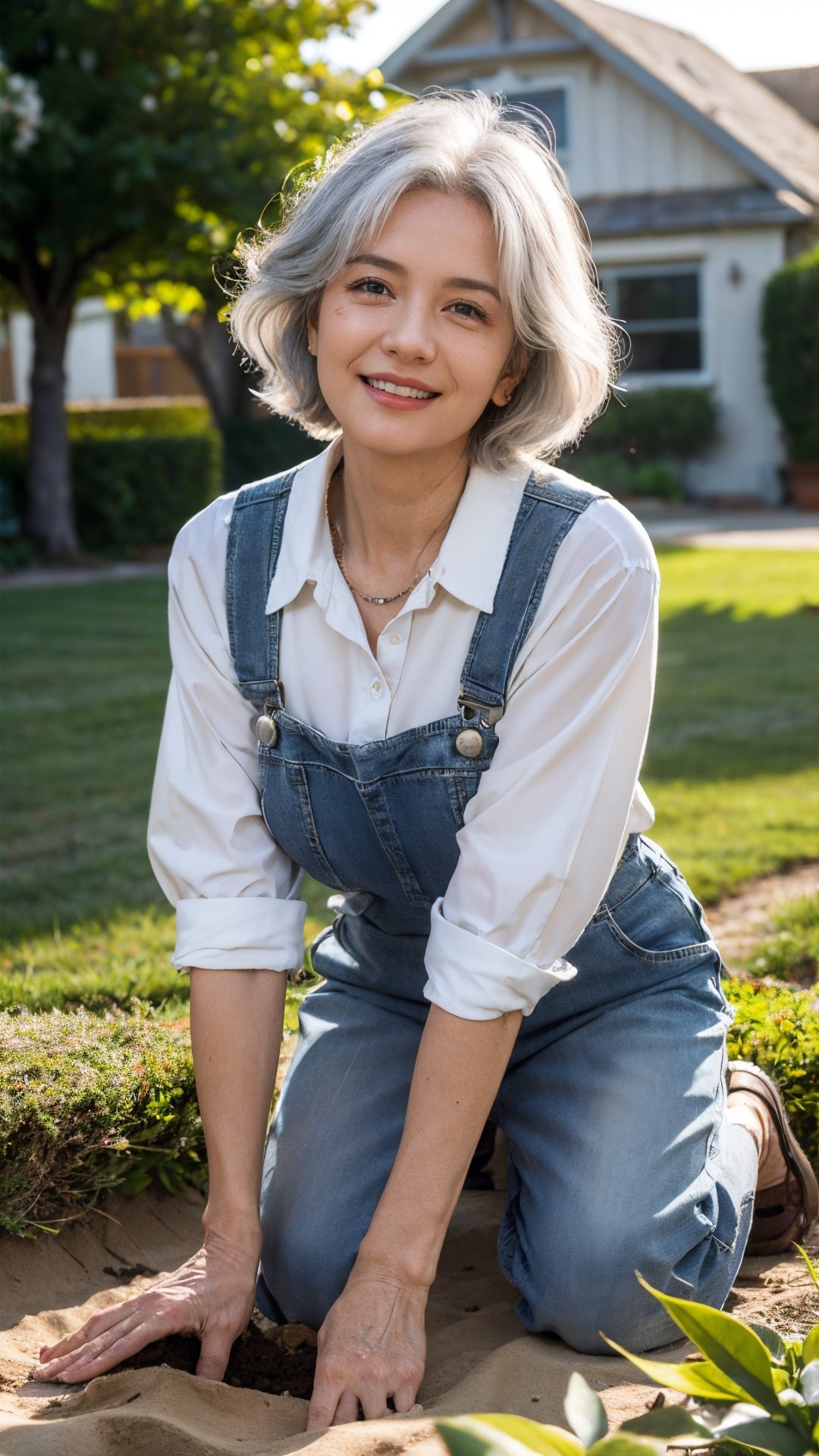 an elderly lady 80 years old, kneeling on a grassy ground, digging a small hole to plant a plant, dressed in an old and worn overall, hair gray with age, skin cracked with age, brown eyes, a cheerful smile, a background of the garden of a house, with many plants and flowers. ultra realism, extreme quality, morning light, soft light