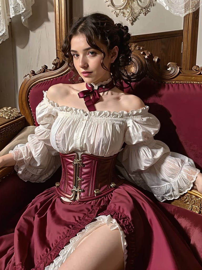 Create a high quality image, extreme detail, ultra definition, extreme realism, high quality lighting, 16k UHD, a beautiful and sexy Victorian girl, very huge breasts, curly hair up, corset and  burgundy Victorian dress, sitting on a Victorian sofa, environment of that style