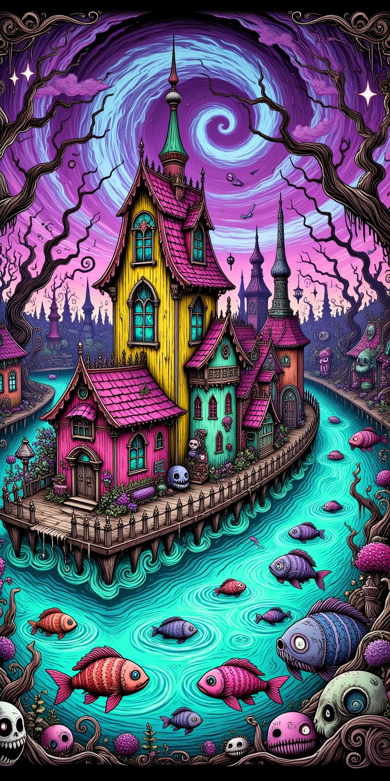 creates a masterpiece, of a floating village on a river with pink, yellow and blue houses, which sway on the water while ghost fish swim beneath them in a spooky Tim Burton style.,digital illustration