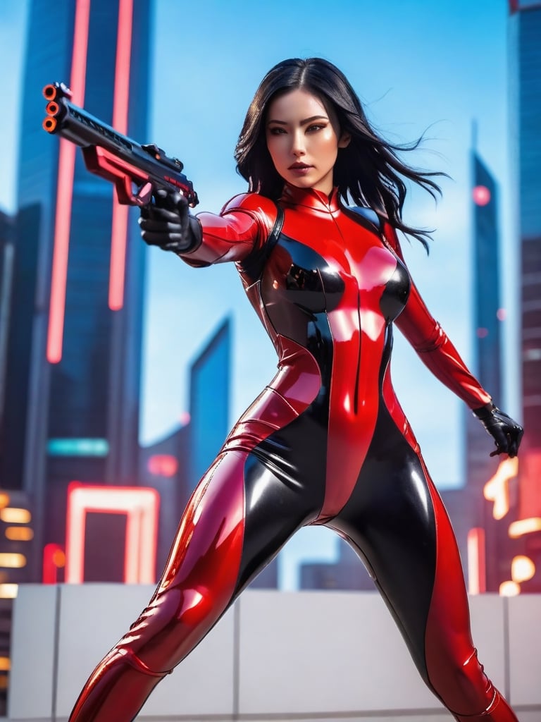 a young girl, black hair with red highlights, sexy red latex suit, big breasts, combat pose, futuristic plasma rifle, space city in full combat, 8k UHD, extreme realism, perfect hands, photo r3al,photo r3al,<lora:659095807385103906:1.0>