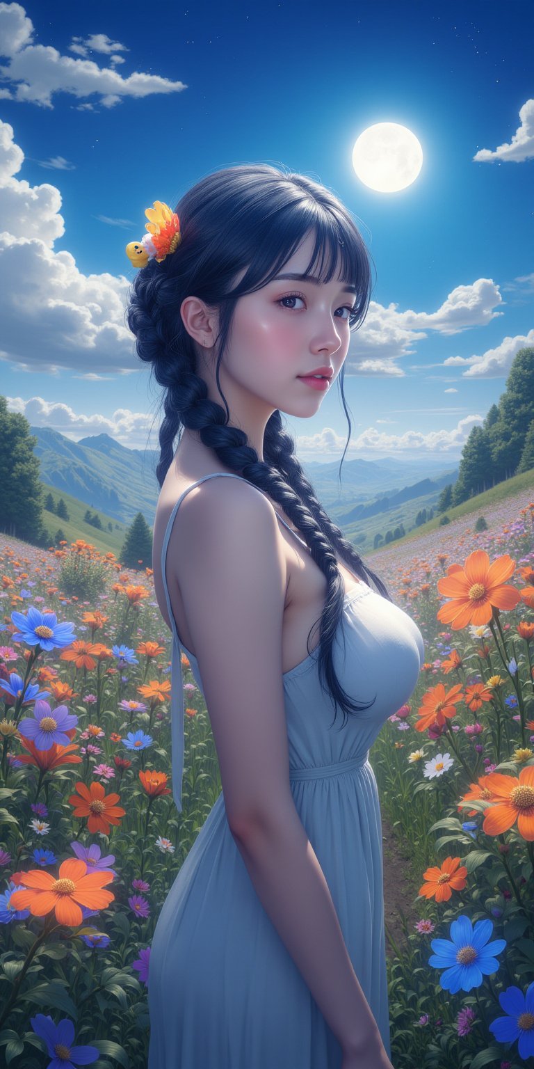 A real young woman with braided hair,  dressed in a simple dress,  standing in an anime-inspired magical meadow filled wit...