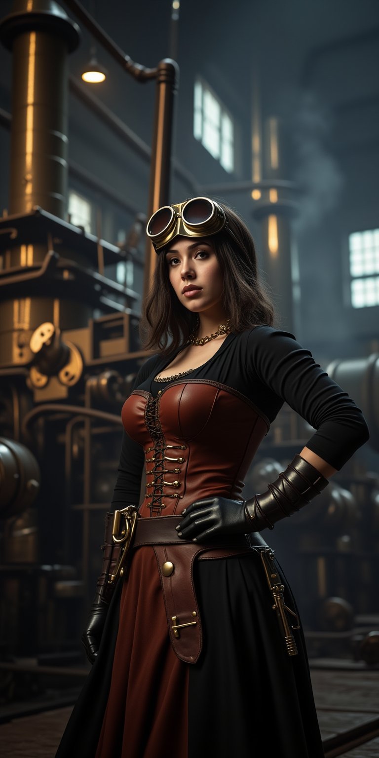 A fierce young woman with a steampunk style,  standing in front of an old steam-powered machine in a Victorian-era factory...
