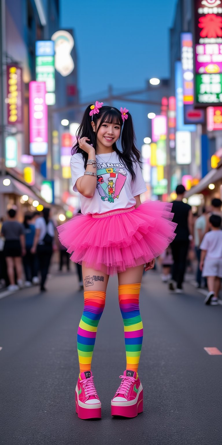 A fun and colorful young woman with a Harajuku style,  standing in the middle of a busy street in Tokyo. She is wearing a...