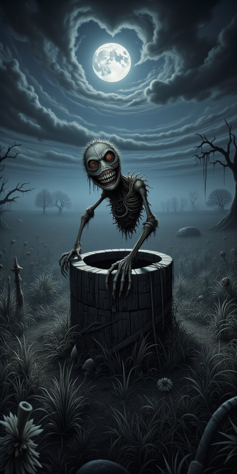 An old, decrepit well stands in the middle of a dark, fog-covered field. Emerging from the well is a gaunt, skeletal creature with long, bony fingers and a twisted, elongated face. Its eyes are hollow, and its skin clings tightly to its bones as it crawls out of the well, its body contorting unnaturally. The camera captures the scene from a medium shot, with a slight upward angle to emphasize the creature's terrifying presence. The fog swirls around the well, and the only light comes from the moon, casting long, ominous shadows across the field, ek_ph0t0_b00ste