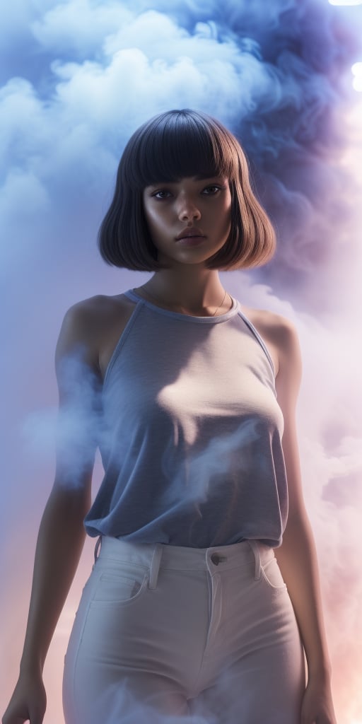 Create a close-up ahigh quality image, extreme detail, ultra definition, extreme realism, high quality lighting, 16k UHD, a girl, casual clothes,semi transparent inside a white cloud of smoke as if it were a dream