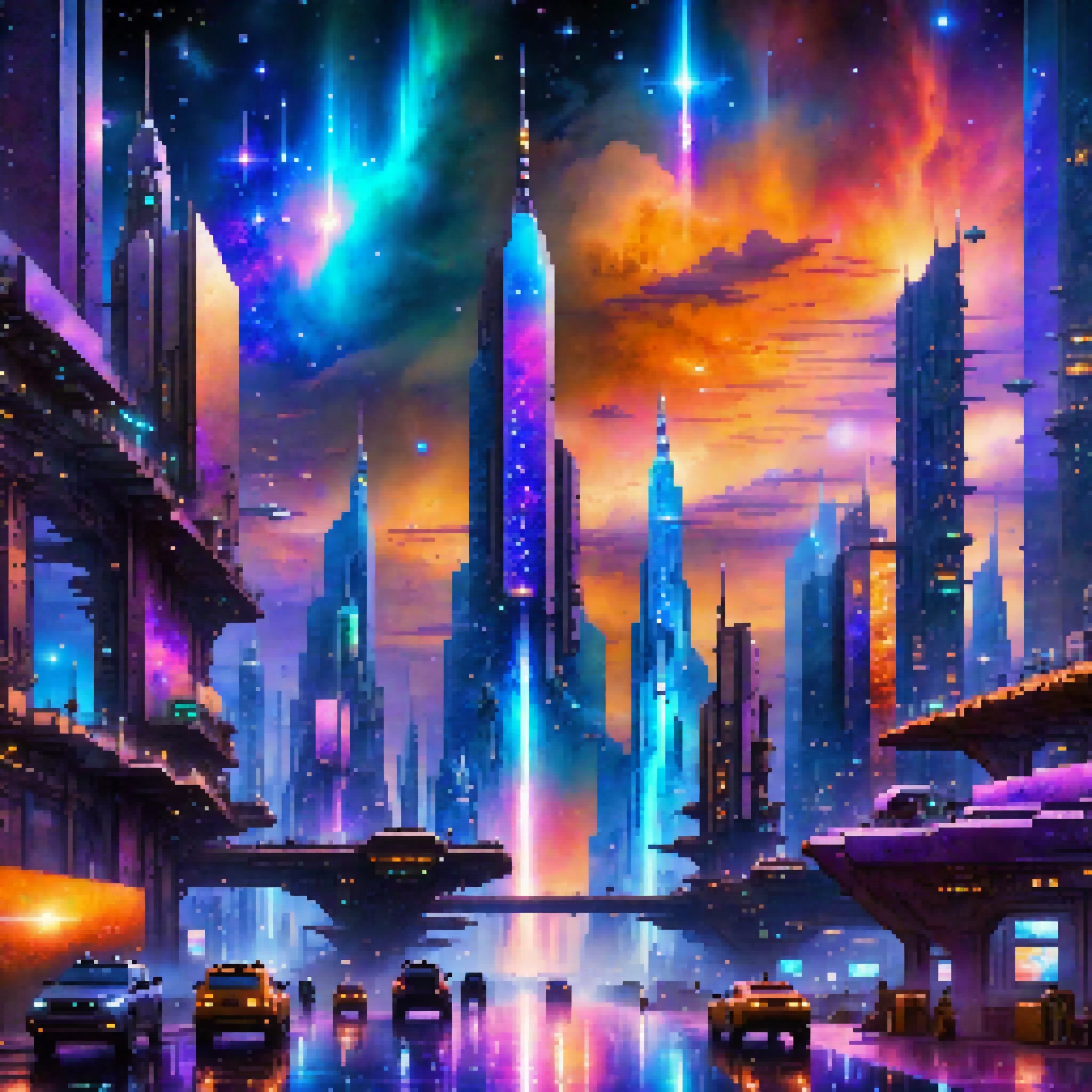 Create a high-quality image, extreme detail, ultra definition, extreme realism, high-quality lighting, 16k UHD, a futuristic city floating in space, with glass and steel buildings that emit a blueish light, the city is surrounded by colorful nebulas and bright stars, style: a mix of realism and digital art, with a focus on architectural details and light effects