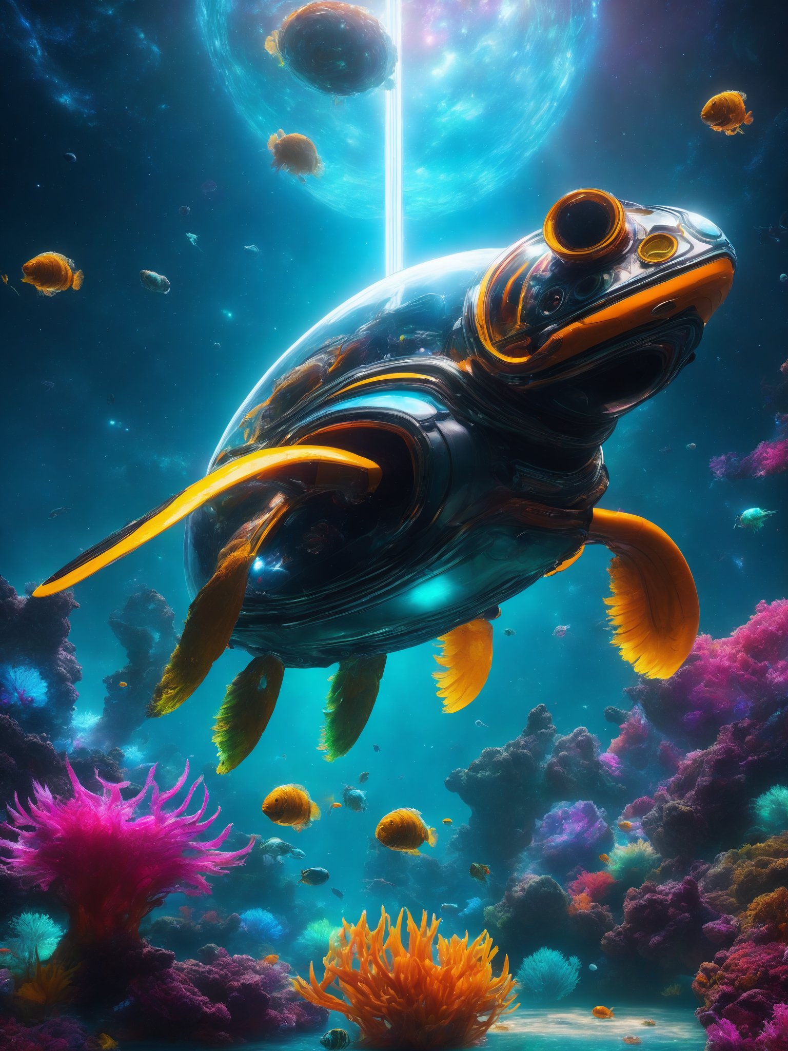 Create a high quality image, extreme detail, ultra definition, extreme realism, high quality lighting, 16k UHD, bioluminescent space creatures swimming in the vacuum of space, with translucent bodies and vibrant colors, style: surreal and biopunk, with a focus on organic textures and light patterns