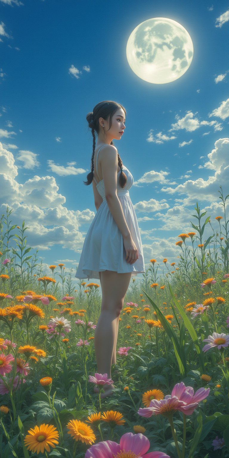 A real young woman with braided hair,  dressed in a simple dress,  standing in an anime-inspired magical meadow filled wit...