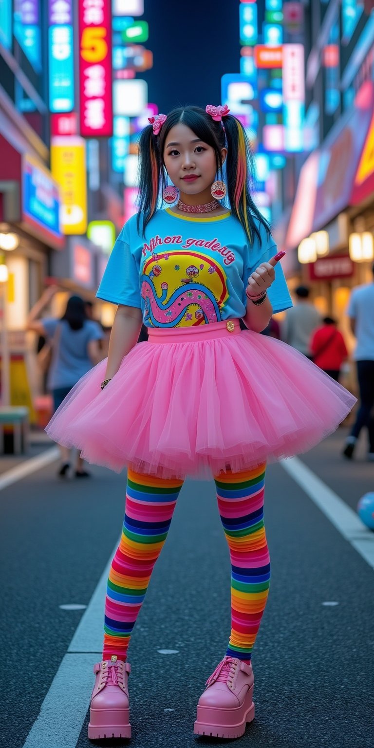 A fun and colorful young woman with a Harajuku style,  standing in the middle of a busy street in Tokyo. She is wearing a...
