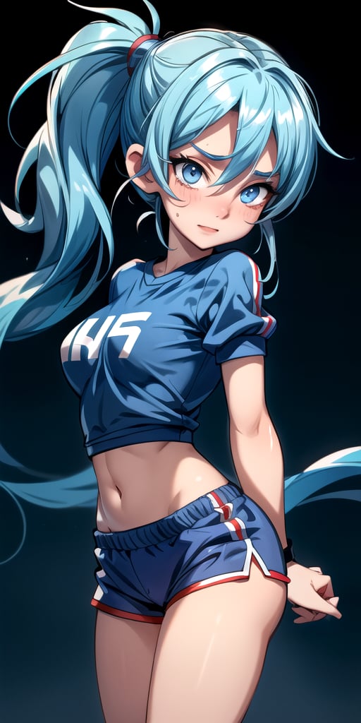 Create a high quality image, extreme details, ultra definition, extreme realism, high quality lighting, 16k UHD, young girl, blue hair with pigtails, slim body, big breasts, expression of joy and excitement, red cheeks, sportswear with short sleeves, dark blue shorts, sexy pose, sweaty body, gym, back view, looking at the camera