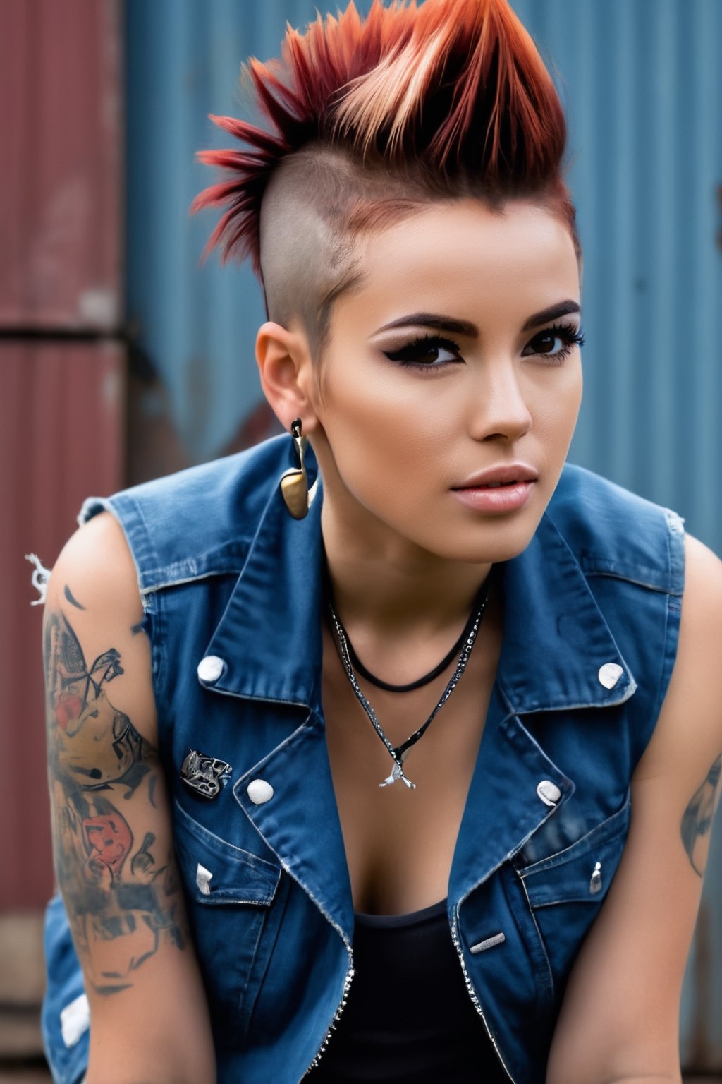 Creates a very high quality image, extreme details of realism, ultra definition, 16k UHD, beautiful girl, hair shaved on the sides and red mohawk in the center, beautiful brown eyes, piercing on the face, dirty t-shirt punk band logo, vest Dirty and worn jeans, dirty and worn jeans, military boots, spray can in hand, angry expression