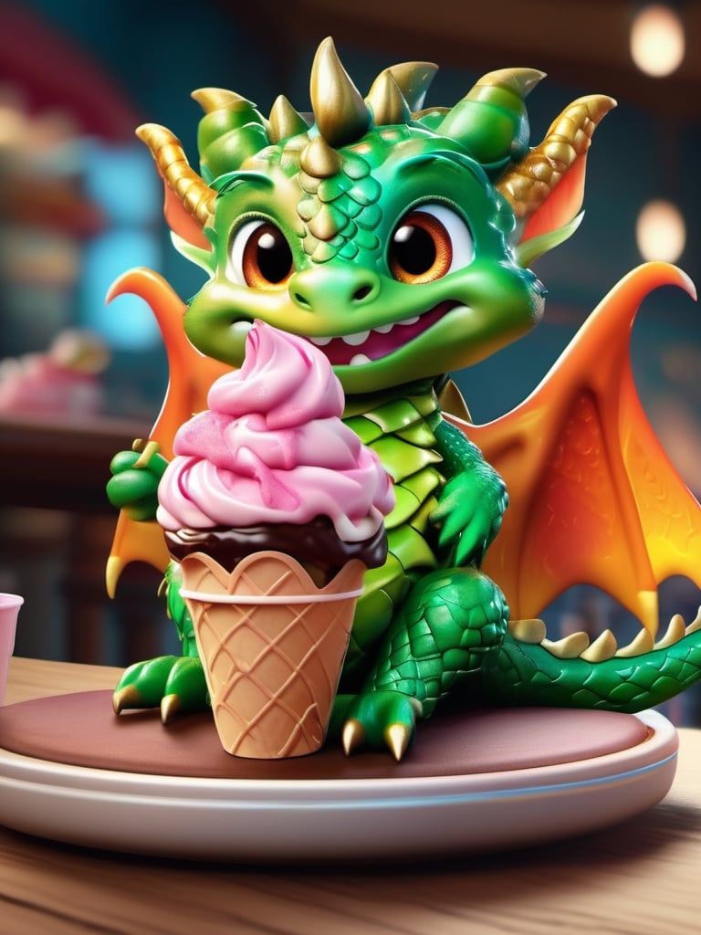 a baby dragon, sitting in a chair at an ice cream shop, eating a large strawberry and chocolate ice cream, perfect details, extreme quality, maximum resolution, cinematic lighting, 8k UHD, a cute dragon