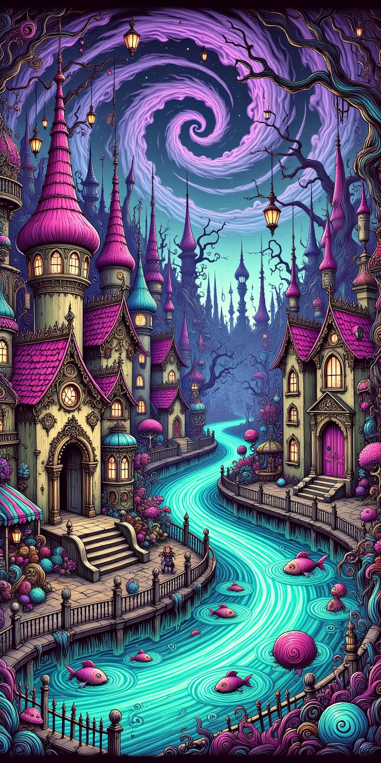 creates a masterpiece, of a floating village on a river with pink, yellow and blue houses, which sway on the water while ghost fish swim beneath them in a spooky Tim Burton style.,digital illustration