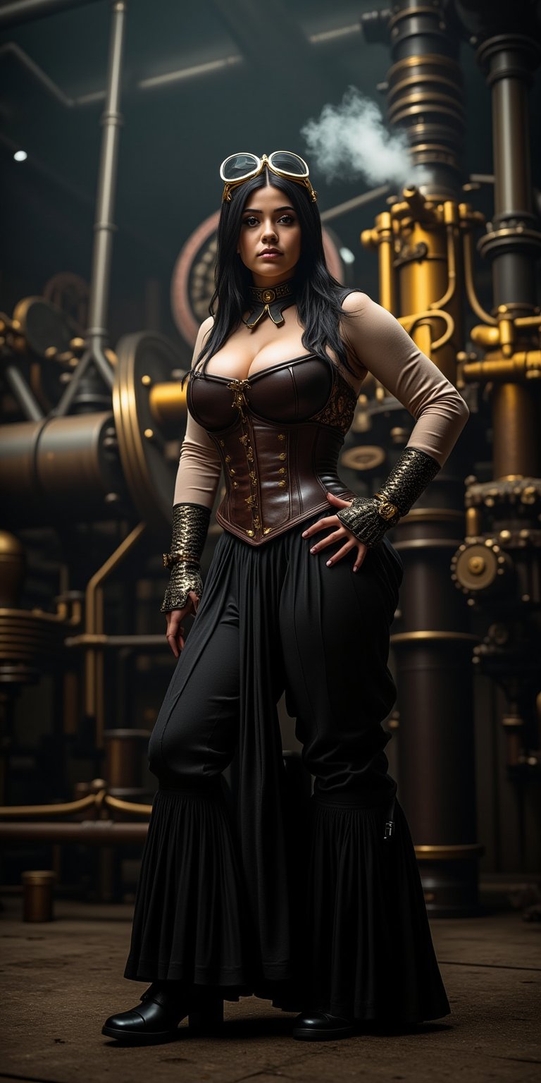 A fierce young woman with a steampunk style,  standing in front of an old steam-powered machine in a Victorian-era factory...
