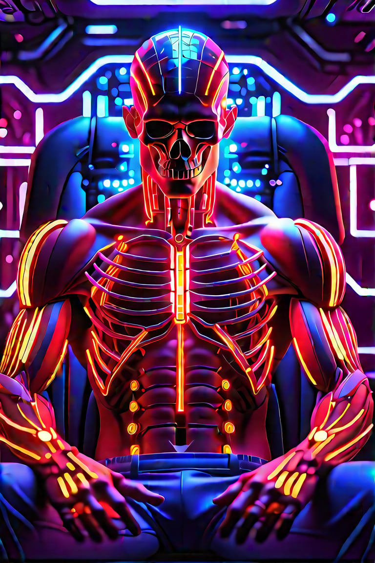 Create a high quality image, extreme detail, masterpiece, intricate detail, depth of field, ultra definition, extreme realism, real photography, real life, high quality lighting, 16k UHD, a man in a testing chair, with cybernetic implants in his head, wires coming out of his body, the veins in his arms are neon blue, white tank top, horrified expression, in the background a futuristic computer full of neon lights and buttons that takes up the entire wall in the center a neon blue holographic skull