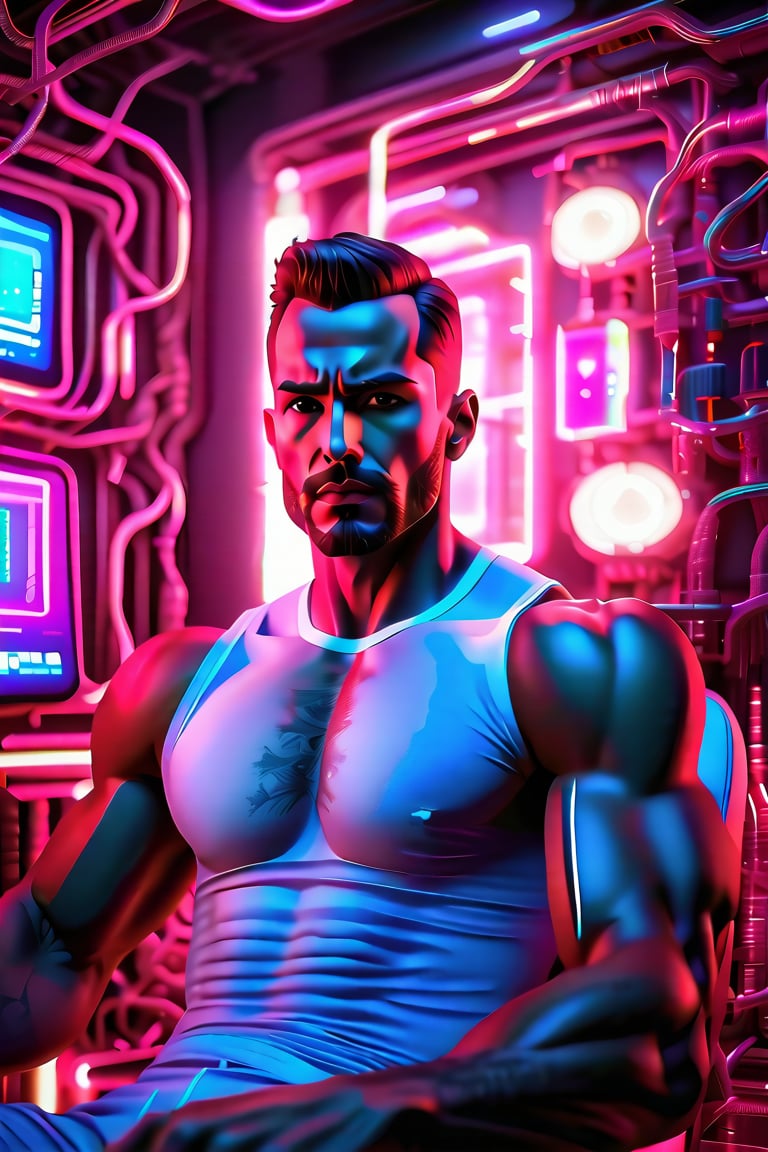 Create a high quality image, extreme detail, masterpiece, intricate detail, depth of field, ultra definition, extreme realism, real photography, real life, high quality lighting, 16k UHD, a man in a testing chair, with cybernetic implants in his head, wires coming out of his body, the veins in his arms are neon blue, white tank top, horrified expression, in the background a futuristic computer full of neon lights and buttons that takes up the entire wall in the center a neon blue holographic skull