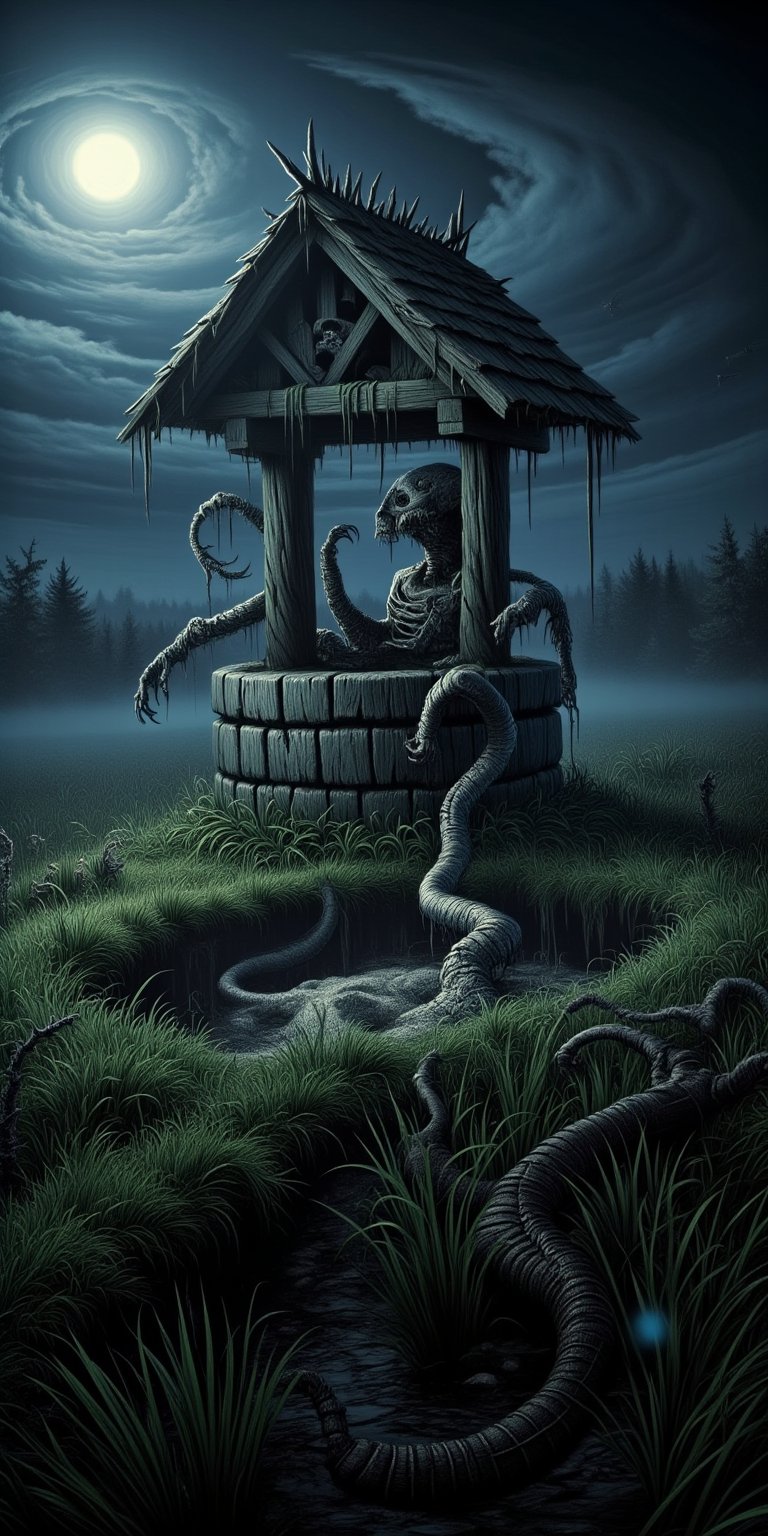 An old, decrepit well stands in the middle of a dark, fog-covered field. Emerging from the well is a gaunt, skeletal creature with long, bony fingers and a twisted, elongated face. Its eyes are hollow, and its skin clings tightly to its bones as it crawls out of the well, its body contorting unnaturally. The camera captures the scene from a medium shot, with a slight upward angle to emphasize the creature's terrifying presence. The fog swirls around the well, and the only light comes from the moon, casting long, ominous shadows across the field, ek_ph0t0_b00ste