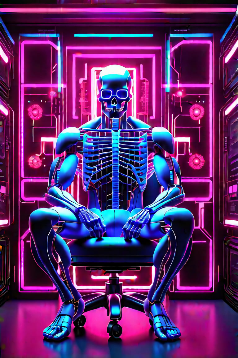 Create a high quality image, extreme detail, masterpiece, intricate detail, depth of field, ultra definition, extreme realism, real photography, real life, high quality lighting, 16k UHD, a man in a testing chair, with cybernetic implants in his head, wires coming out of his body, the veins in his arms are neon blue, white tank top, horrified expression, in the background a futuristic computer full of neon lights and buttons that takes up the entire wall in the center a neon blue holographic skull