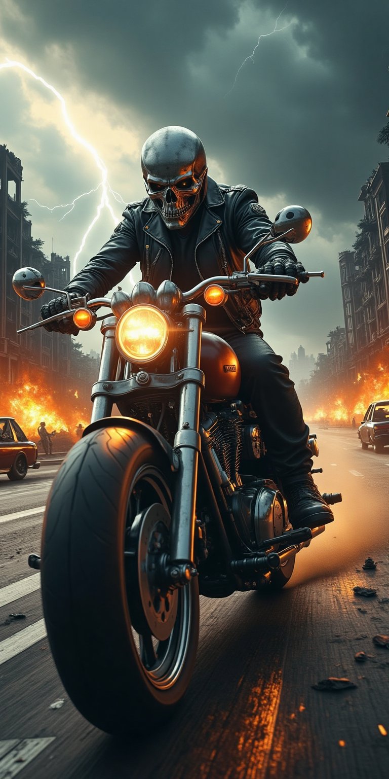  An apocalyptic biker wearing a metal skull mask, riding a powerful motorcycle with spikes and bright lights. The setting is a devastated highway, with collapsed bridges and abandoned vehicles on the sides. In the background, the sky is filled with dark clouds, while lightning lights up the sky and explosions and fires burning in ruined buildings can be heard. The biker speeds forward, his wheels kicking up dust and debris as he rides through this post-apocalyptic landscape, while fire and chaos spread around him,
ek_ph0t0_b00ster