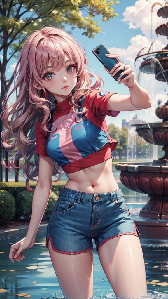 Creates a high quality image, extreme detail, ultra definition, extreme realism, high quality lighting, 16k UHD, a girl, pink wavy hair, ((short red crop top, blue shorts)), taking a selfie in a park next to a fountain