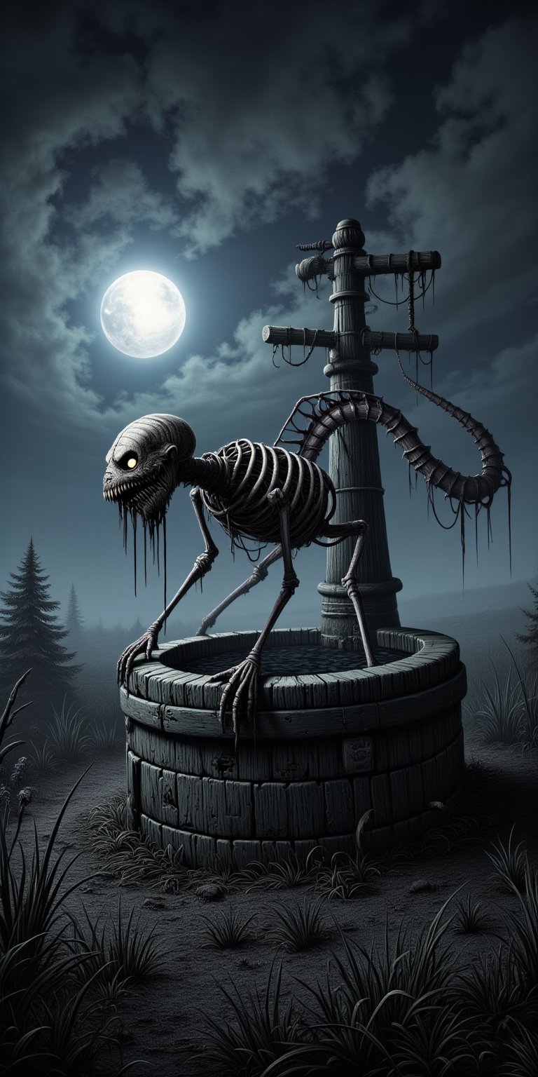 An old, decrepit well stands in the middle of a dark, fog-covered field. Emerging from the well is a gaunt, skeletal creature with long, bony fingers and a twisted, elongated face. Its eyes are hollow, and its skin clings tightly to its bones as it crawls out of the well, its body contorting unnaturally. The camera captures the scene from a medium shot, with a slight upward angle to emphasize the creature's terrifying presence. The fog swirls around the well, and the only light comes from the moon, casting long, ominous shadows across the field, ek_ph0t0_b00ste