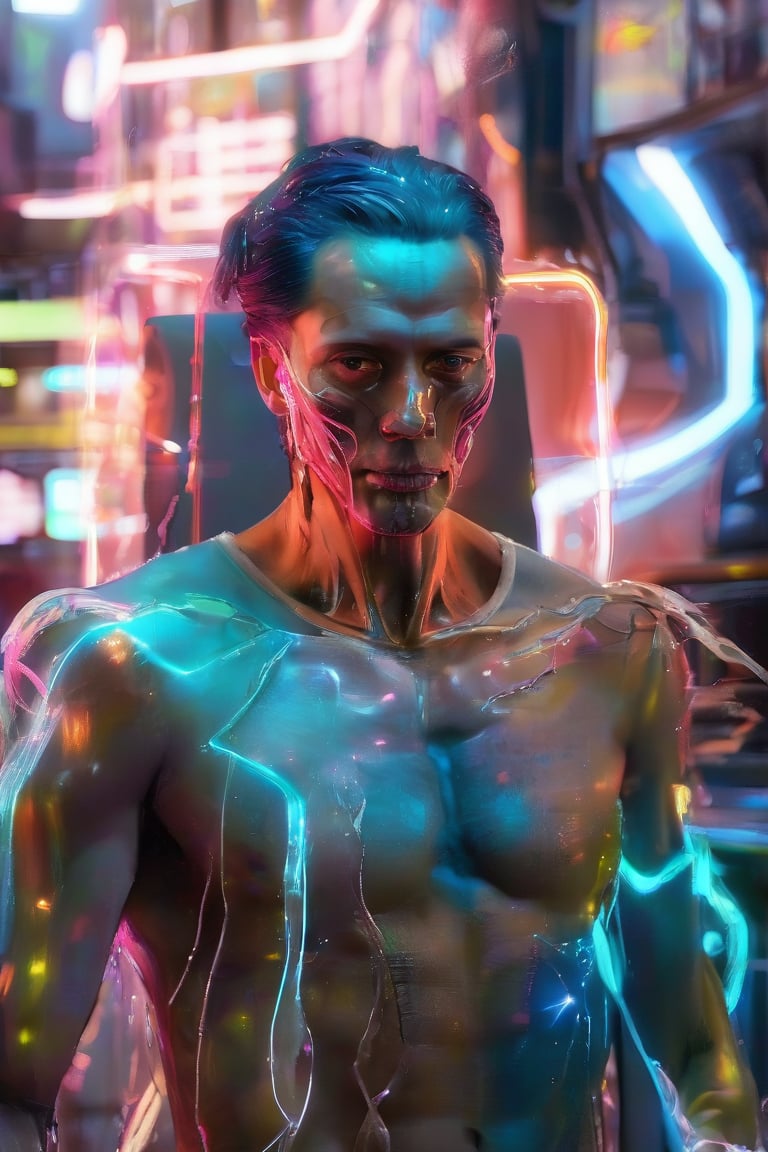 Create a high quality image, extreme detail, masterpiece, intricate detail, depth of field, ultra definition, extreme realism, real photography, real life, high quality lighting, 16k UHD, a man in a testing chair, with cybernetic implants in his head, wires coming out of his body, the veins in his arms are neon blue, white tank top, horrified expression, in the background a futuristic computer full of neon lights and buttons that takes up the entire wall in the center a neon blue holographic skull