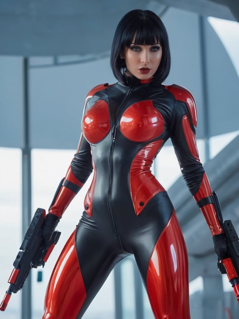 a young girl, black hair with red highlights, sexy red latex suit, big breasts, combat pose, futuristic plasma rifle, space city in full combat, 8k UHD, extreme realism, perfect hands, photo r3al