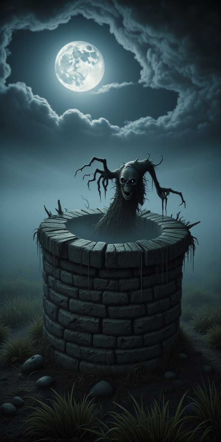 An old, decrepit well stands in the middle of a dark, fog-covered field. Emerging from the well is a gaunt, skeletal creature with long, bony fingers and a twisted, elongated face. Its eyes are hollow, and its skin clings tightly to its bones as it crawls out of the well, its body contorting unnaturally. The camera captures the scene from a medium shot, with a slight upward angle to emphasize the creature's terrifying presence. The fog swirls around the well, and the only light comes from the moon, casting long, ominous shadows across the field, ek_ph0t0_b00ste