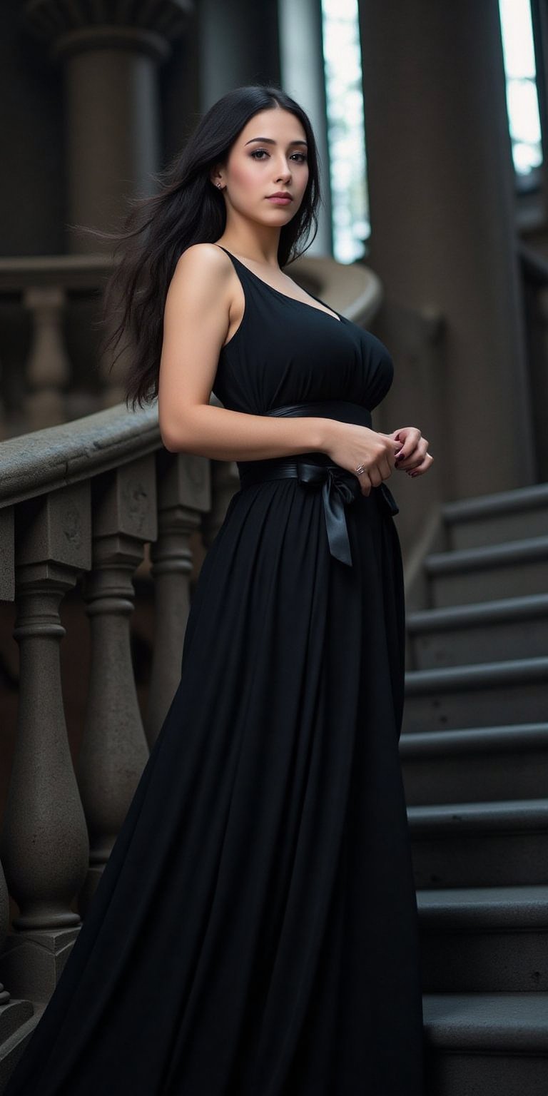 beautiful young woman in a flowing, black gown stands atop a grand stone staircase within a gothic castle, her dark hair blowing in the wind as she gazes intently into the camera, her piercing eyes revealing a dark, mysterious allure,ek_ph0t0_b00ster