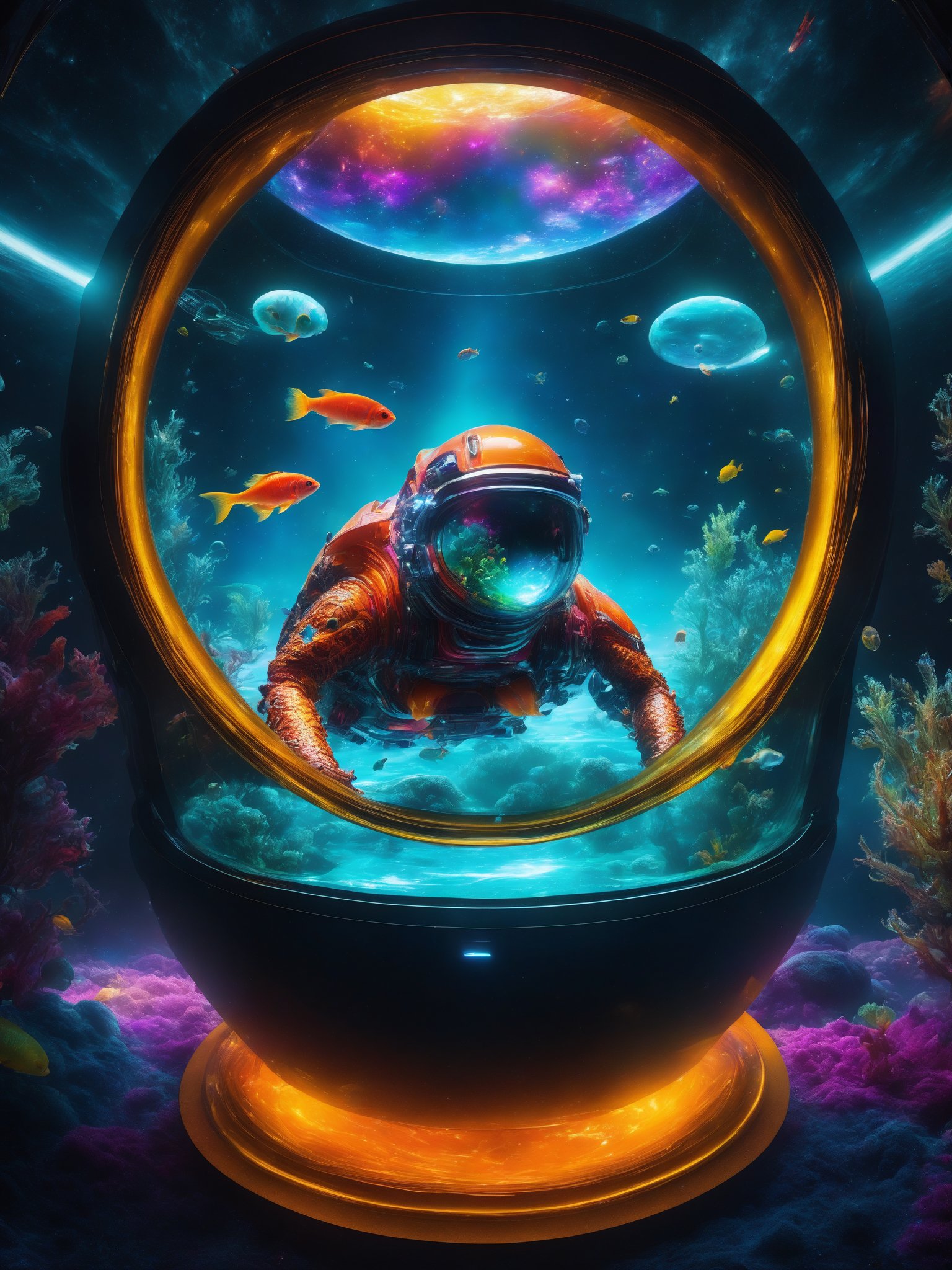 Create a high quality image, extreme detail, ultra definition, extreme realism, high quality lighting, 16k UHD, bioluminescent space creatures swimming in the vacuum of space, with translucent bodies and vibrant colors, style: surreal and biopunk, with a focus on organic textures and light patterns