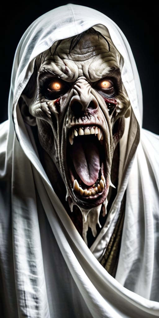 Create a high quality image, extreme detail, ultra definition, extreme realism, high quality lighting, 16k UHD,   a zombie-like figure with a white cloth covering its face, its mouth wide open as if screaming, and its eyes reflecting fear