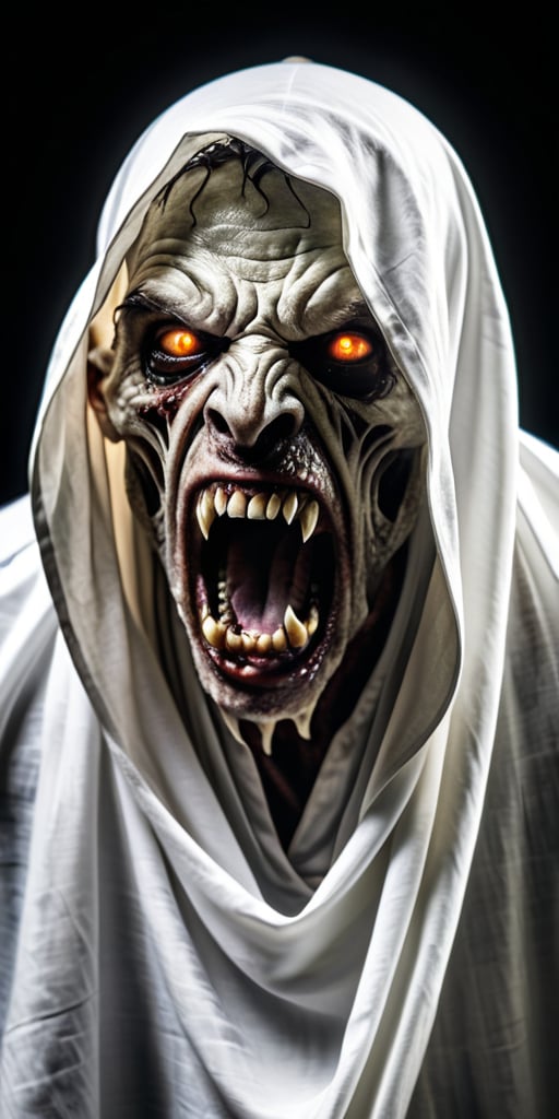 Create a high quality image, extreme detail, ultra definition, extreme realism, high quality lighting, 16k UHD,   a zombie-like figure with a white cloth covering its face, its mouth wide open as if screaming, and its eyes reflecting fear