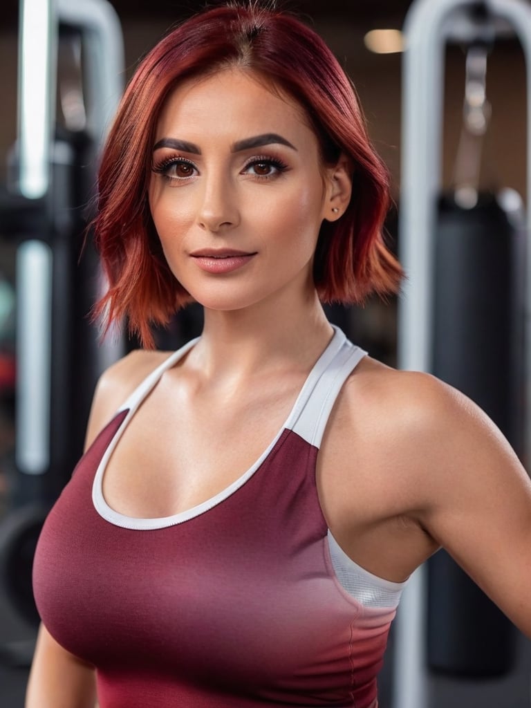  masterpiece, 8k, ultra detailed, portrait of a beautiful woman, 30 years old, brown eyes, wine red hair with ombre gradient, big chest, soft skin, dressed in sports clothes, in a gym doing apparatus, perfect hands, perfect fingers , perfect eyes, perfect nails with French design, perfect feet, perfect anatomy, extreme quality of details ,photo r3al,detailmaster2