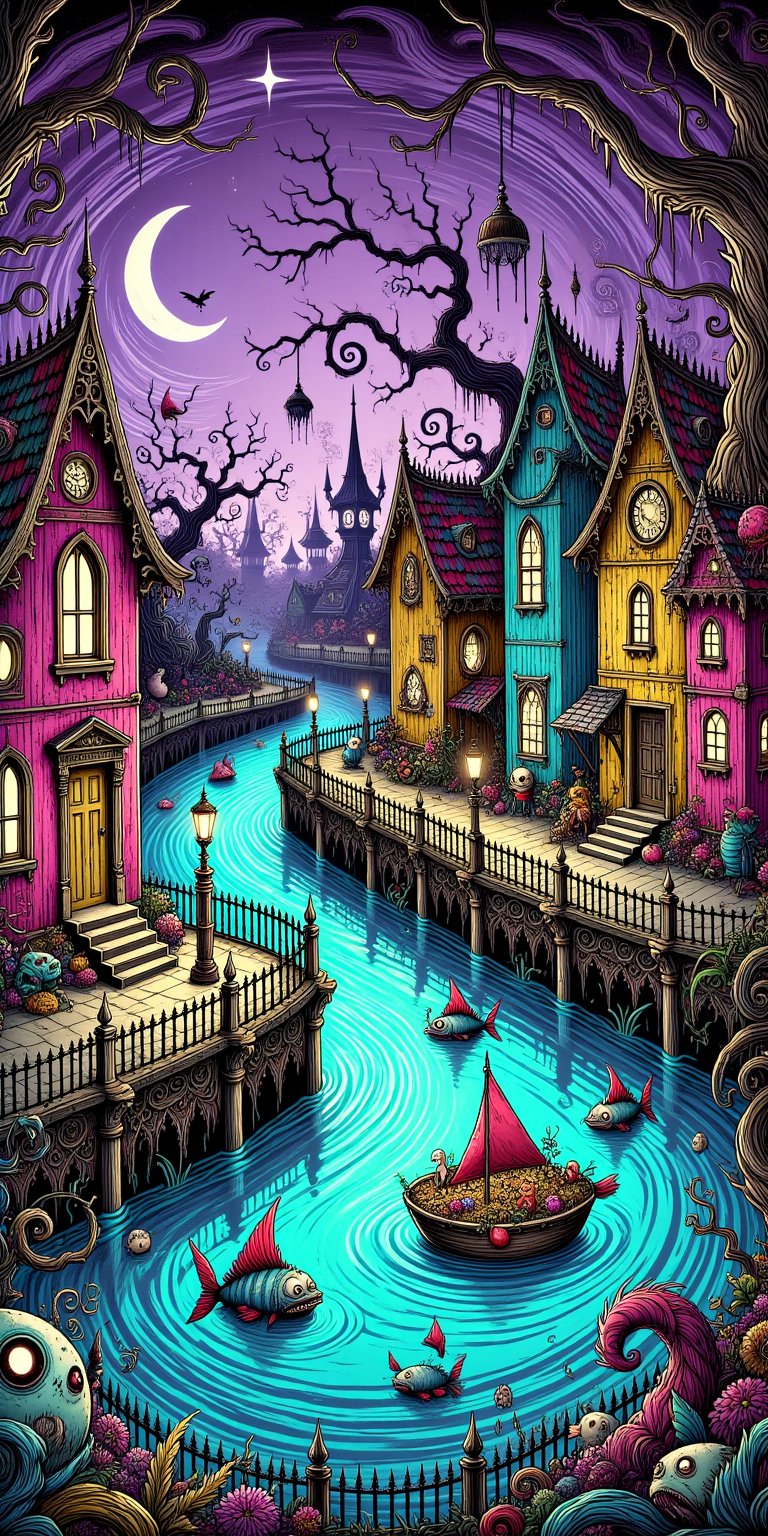 creates a masterpiece, of a floating village on a river with pink, yellow and blue houses, which sway on the water while ghost fish swim beneath them in a spooky Tim Burton style.,digital illustration