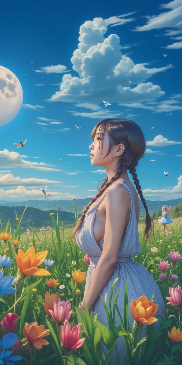 A real young woman with braided hair,  dressed in a simple dress,  standing in an anime-inspired magical meadow filled wit...
