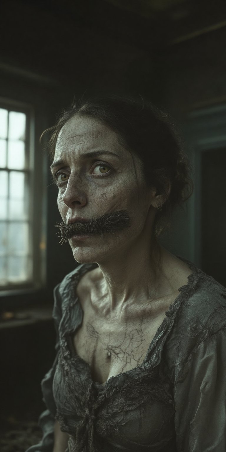 In a decaying, abandoned house, a woman in a torn, dirty gown stands motionless. Her face is the focus, with her lips sewn shut by thick, black thread, and her hollow, lifeless eyes staring blankly ahead. The camera captures her in a medium close-up shot, focusing on her upper body and face, making the grotesque stitches and eerie stillness of her expression the central point. The torn fabric of her gown hangs loosely off her shoulders, while her skin is pale and cracked, adding to her disturbing appearance. The dim light from the window casts long shadows across her face, highlighting the texture of the stitches and the emptiness of her eyes. The background is blurred, keeping all attention on her terrifying, stitched mouth and haunting gaze, ek_ph0t0_b00ste,Horror Poster Movie