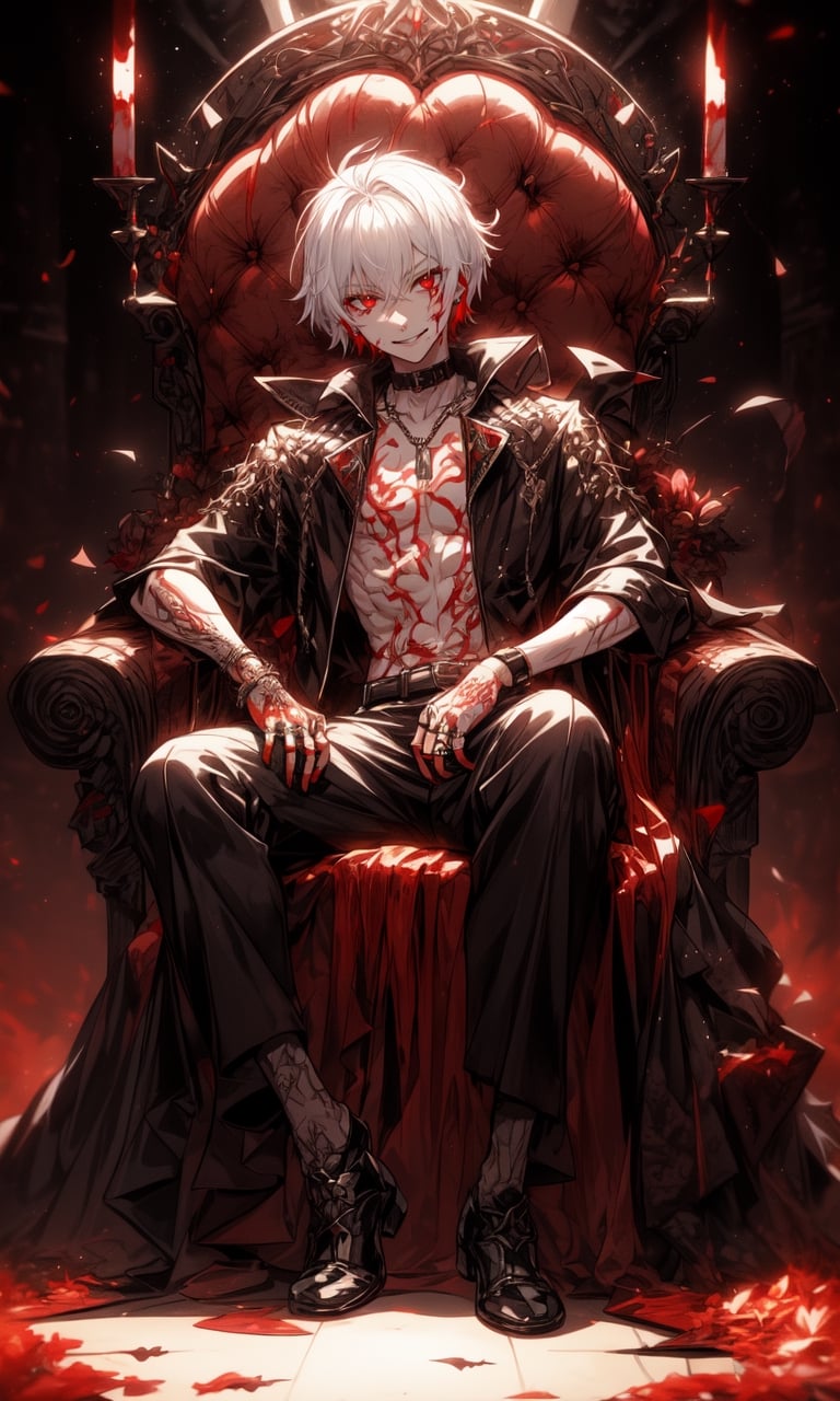 1 boy, short hair, white hair with red gradient, messy hair, red eyes, inferno, hell, hell city, inside hell's castle, vampire boy, bats, pale skin, beautiful, alternate hairstyle, red halo above head, covered in blood, sitting on throne, multilated corpses on the background, inside hell's palace hall, earrings, collars, black crown, prince, rings, bracelets, wealth, body covered in red tattoos, ritualistic tattoos, exposed chest, exposed arms