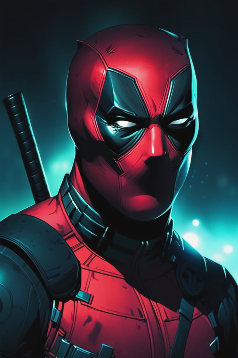 illustration of a man dressed in a Marvel's Deadpool suit, night. hazy, dark background , closeup shot, high contrast, cinematic, bright tones,portraitart,portrait art style