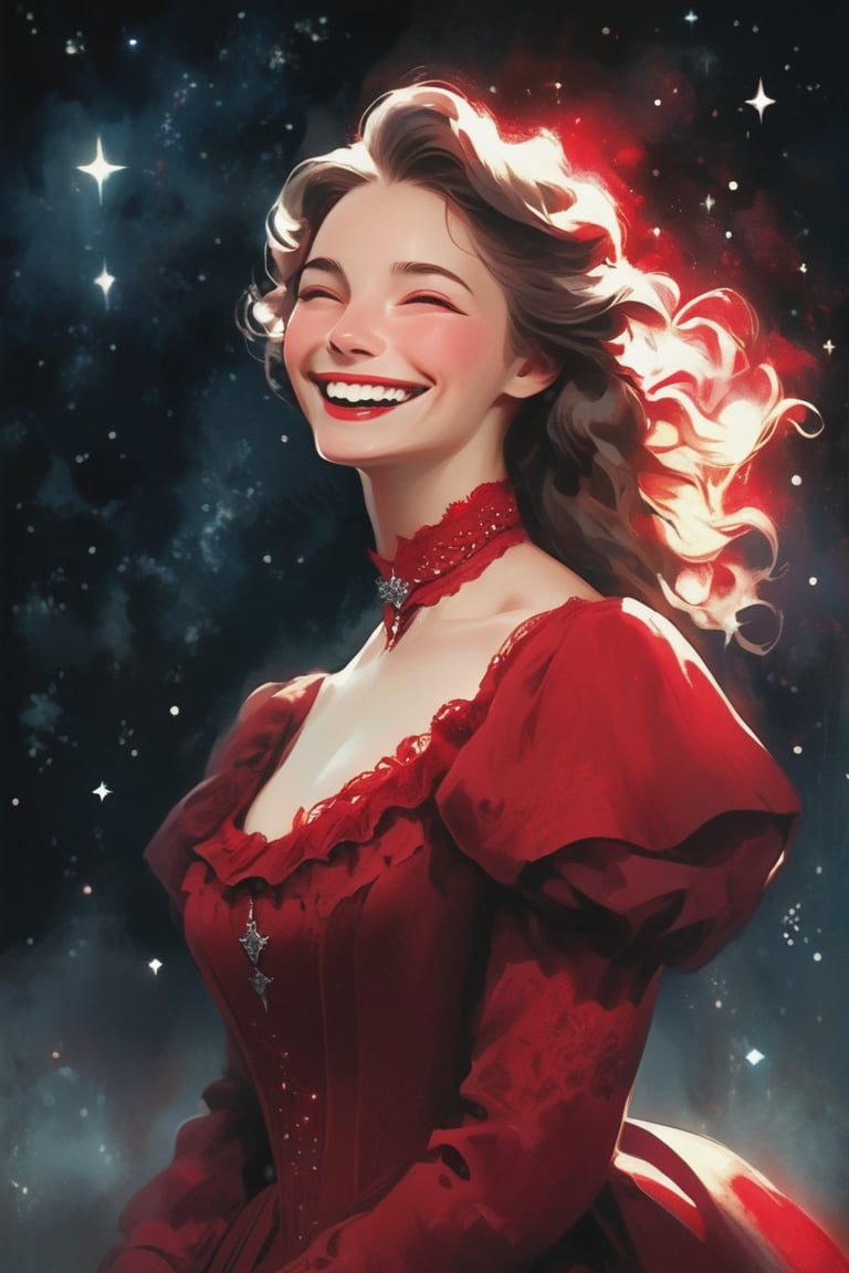 illustration of a pale woman covered in a victorian red dress, smiling, starry night. hazy, dark background , high contrast, cinematic, bright tones,portraitart,portrait art style