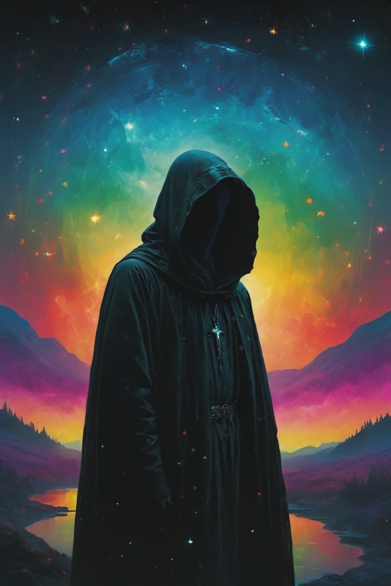 illustration of a cloaked figure, starry night. hazy, psychedelic background , rainbow, high contrast, cinematic, bright tones, book cover art


