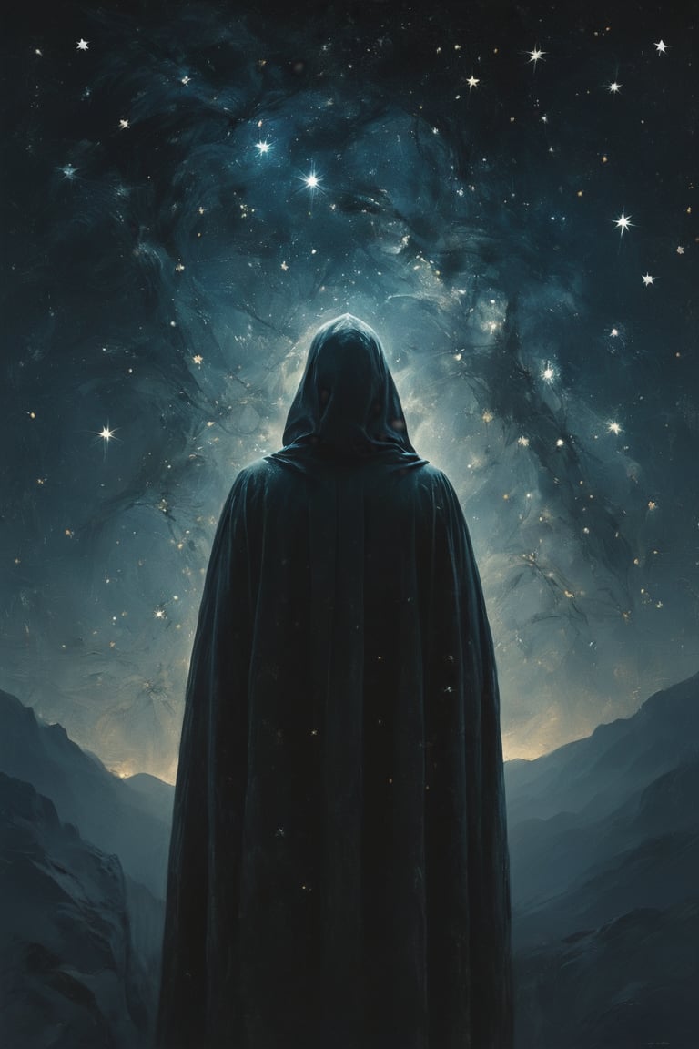 illustration of a cloaked figure, supernova starry night. Minimalist, hazy, blue and silver, low contrast, cinematic, muted tones


